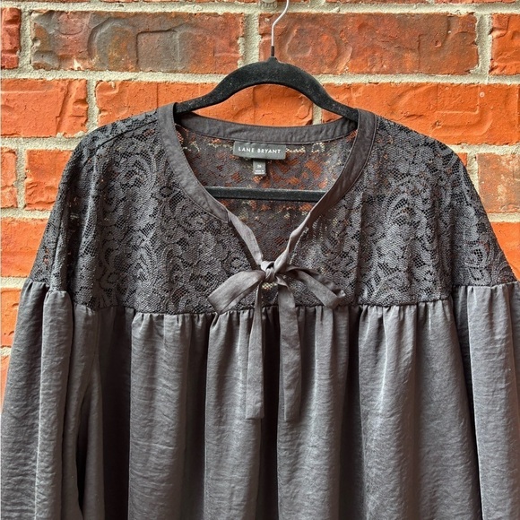 Lane Bryant 26 Black Lace Shoulder Bow Tie Long Sleeve Blouse Career Office - Picture 2 of 10